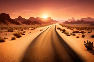 Fototapeta na wymiar Generate an image of a desert highway with a mirage shimmering in the distance