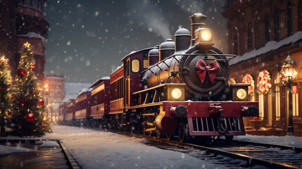 Christmas train in Santa village on snowy background,  winter seasonal marketing asset - obrazy, fototapety, plakaty
