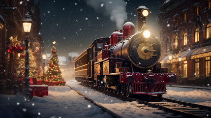 Christmas train in Santa village on snowy background,  winter seasonal marketing asset - obrazy, fototapety, plakaty