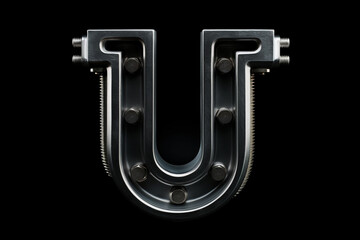 Industrial 3D font design, realistic iron steel alphabet, capital letter U with metal texture isolated on black background, factory style abc