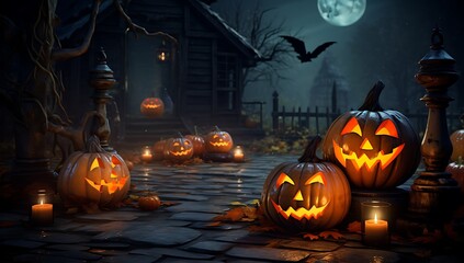 Halloween pumpkins on cobblestone road in spooky forest at night