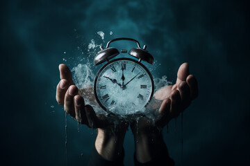 Concept of time passing away, the clock breaks down into pieces. Time is running out, hurry, buy...