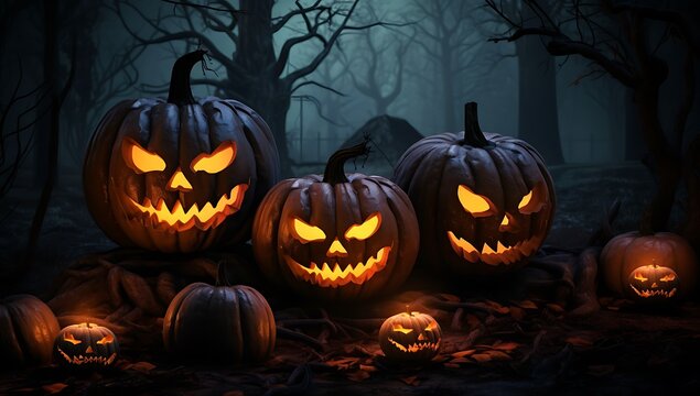 Halloween pumpkins with scary faces in dark forest, 3d render