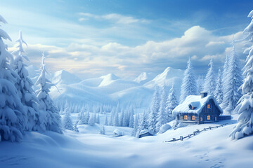 Winter cabin scene in snowy forrest and fresh snow,  winter seasonal marketing asset - obrazy, fototapety, plakaty
