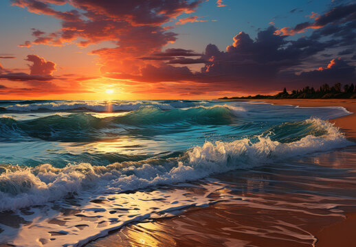 Beautiful seascape with high waves, sea foam on the beach at sunset.