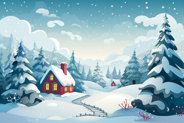 Winter cabin scene in snowy forrest and fresh snow,  winter seasonal marketing asset - obrazy, fototapety, plakaty
