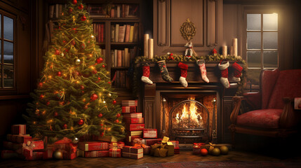 Christmas living room with presents and a warm fireplace,  winter seasonal marketing asset, space for copy