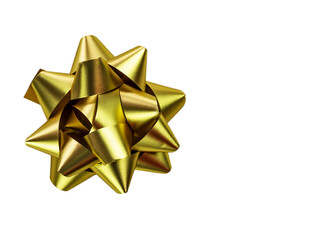 gold neon foil bow, Ribbon bow for decoration, gift in the holiday season, Top view, isolated on white background.