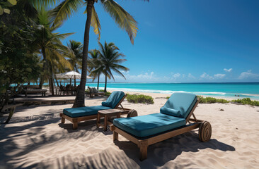 Fototapeta na wymiar Beach chairs sun beds on tropical beach resort with coconut palm trees and blue sky on a sea shore