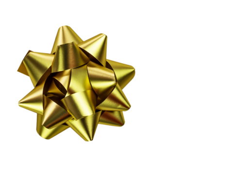 gold neon foil bow, Ribbon bow for decoration, gift in the holiday season, Top view, isolated on white background.