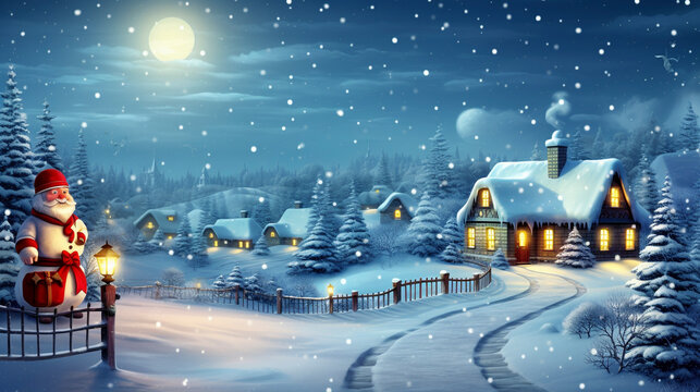 Cozy winter cabin evening in snowy village and fresh snow,  winter seasonal marketing asset