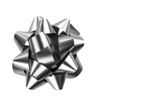 Silver neon foil bow, Ribbon bow for decoration, gift in the holiday season, Top view, isolated on white background.