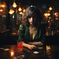 Angry, upset sexy young brunette woman in evening dress sits at bar counter with a glass of beverage.