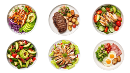 Set of various delicious food in white dishes isolated on transparent background, Top view of various menu served on plates.
