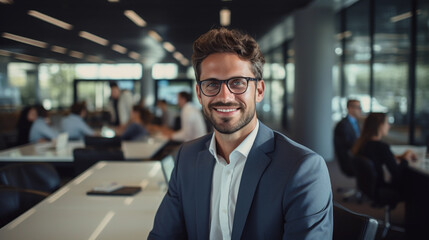 Fototapeta premium Portrait of a successful businessman against the backdrop of an office, beautiful lighting.
