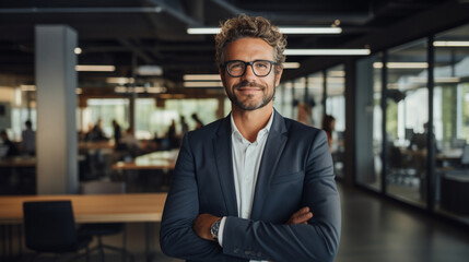 Fototapeta premium Portrait of a successful businessman against the backdrop of an office, beautiful lighting.