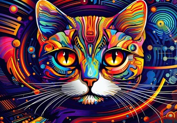 Close-up of a cat's face with bright multicolored fur. Illustration for cover, card, postcard, interior design, decor or print.