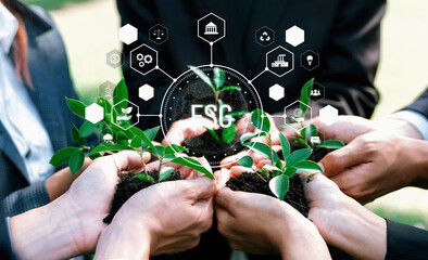 Business partnership leader gather to nurture young seedling plant with ESG icons, symbolizing...