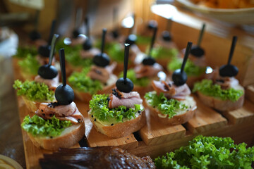 Canapes with sausage, greens, olives and seasonings are laid out on the table. A delicious cold snack.