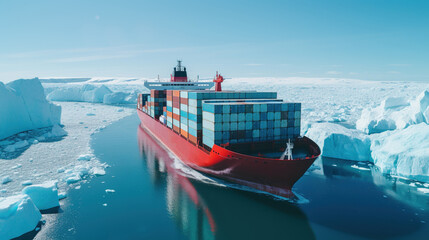 Container Freight Ship Passing the North Pole, Crossing an Iceberg, Logistics, International Transport