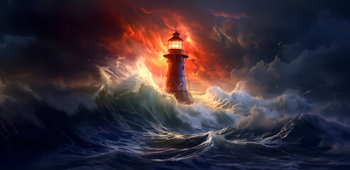 Illustration of a boat sailing towards the lighthouse during a storm - obrazy, fototapety, plakaty