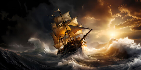 Illustration of a sailing ship in a storm - obrazy, fototapety, plakaty