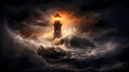 Illustration of a boat sailing towards the lighthouse during a storm