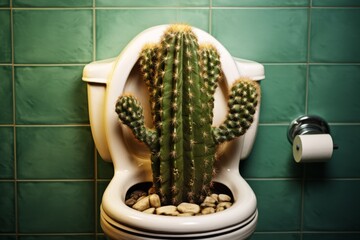 Hemorrhoids concept. Cactus in the toilet, close-up - obrazy, fototapety, plakaty