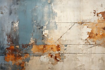 An abstract composition of a crumbling grunge wall with peeling paint and rusty metal accents, capturing the textures and decay