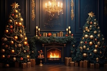 Fototapeta na wymiar Christmas festive interior. New Years Eve. Two decorated Christmas trees, burning fireplace, glowing chandelier. New Year holiday background. With copy space. Postcard, banner, design, Merry Christmas