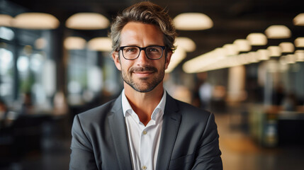 Fototapeta premium Portrait of a successful businessman against the backdrop of an office, beautiful lighting.