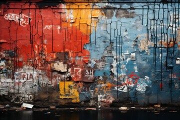 A close-up of a weathered and graffiti-covered grunge wall in an urban alley, showcasing the raw and expressive street art