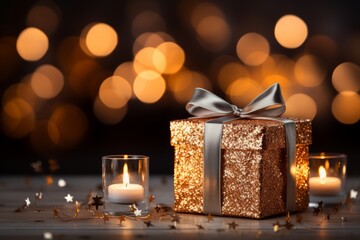 Shiny glittery Christmas gift box with a ribbon bow with candles on dark background with glimmering lights