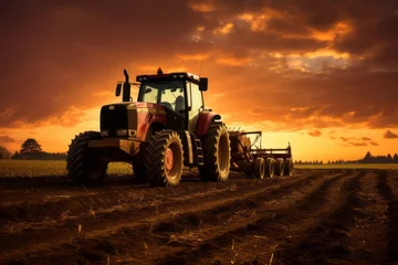 Crédence de cuisine en verre imprimé Tracteur Agricultural workers with tractors. Ploughing a field