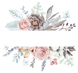 watercolor hand drawn illustrations. Christmas and winter wedding frames. PNG delicate gentle frames. 