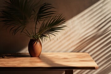 Close-up of wooden table with vase and palm leaves. Shadows