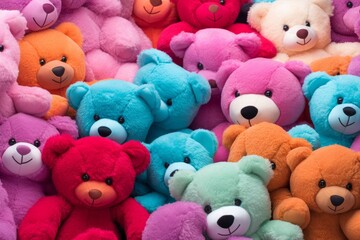 A lot of multicolored teddy bears pile together. Top view - obrazy, fototapety, plakaty