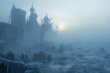 Snowy destroyed city with Ortodox church in ruin, apocalyptic vision of abandoned place in winter, misty atmosphere 