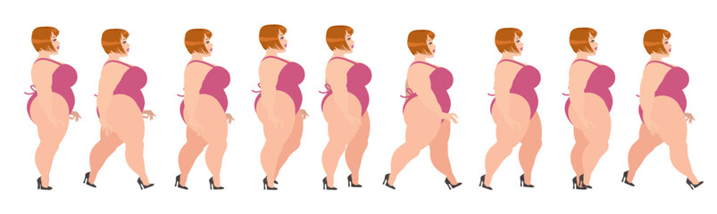 2-d character gait animation. Beautiful overweight girl.