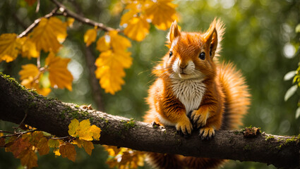 Fototapeta premium Cute squirrel on a branch in the forest