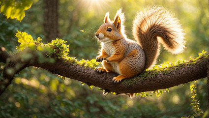 Cute squirrel on a branch in the forest