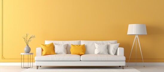 Well lit room with white furnishings carpet and lamp With copyspace for text