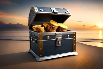 treasure chest with gold coins - obrazy, fototapety, plakaty