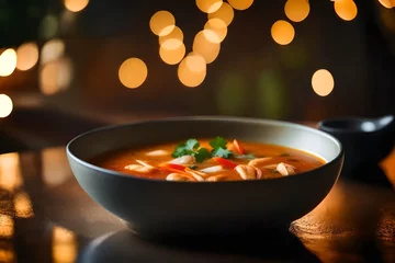 Fotobehang ?Look closely at a tasty bowl of Tom Yum Soup, with a pretty blurry background.. AI Generated © Denys