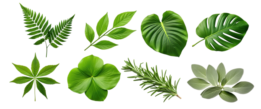 Natural of Tropical green leaves of leaf isolated on transparent png background, varies different of plant botanical.