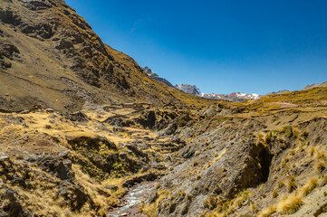 Scenic view on the hike up to Rainbow Mountain, Cusco, Peru.