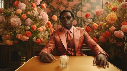 Cinematic stylish African American man in sunglasses with a flower background - obrazy, fototapety, plakaty