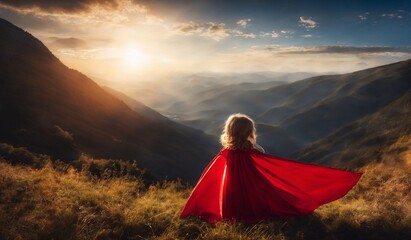 Kid Imagining Being a Superhero Atop a Mountain