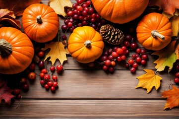 Autumn Display Featuring Pumpkins, Berries, and Leaves on a White Wooden Surface, Perfect for Thanksgiving or Halloween, Includes Space for Text