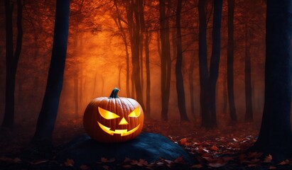 Spooky Jack-o'-Lantern in an Enchanted Woodland After Dark
